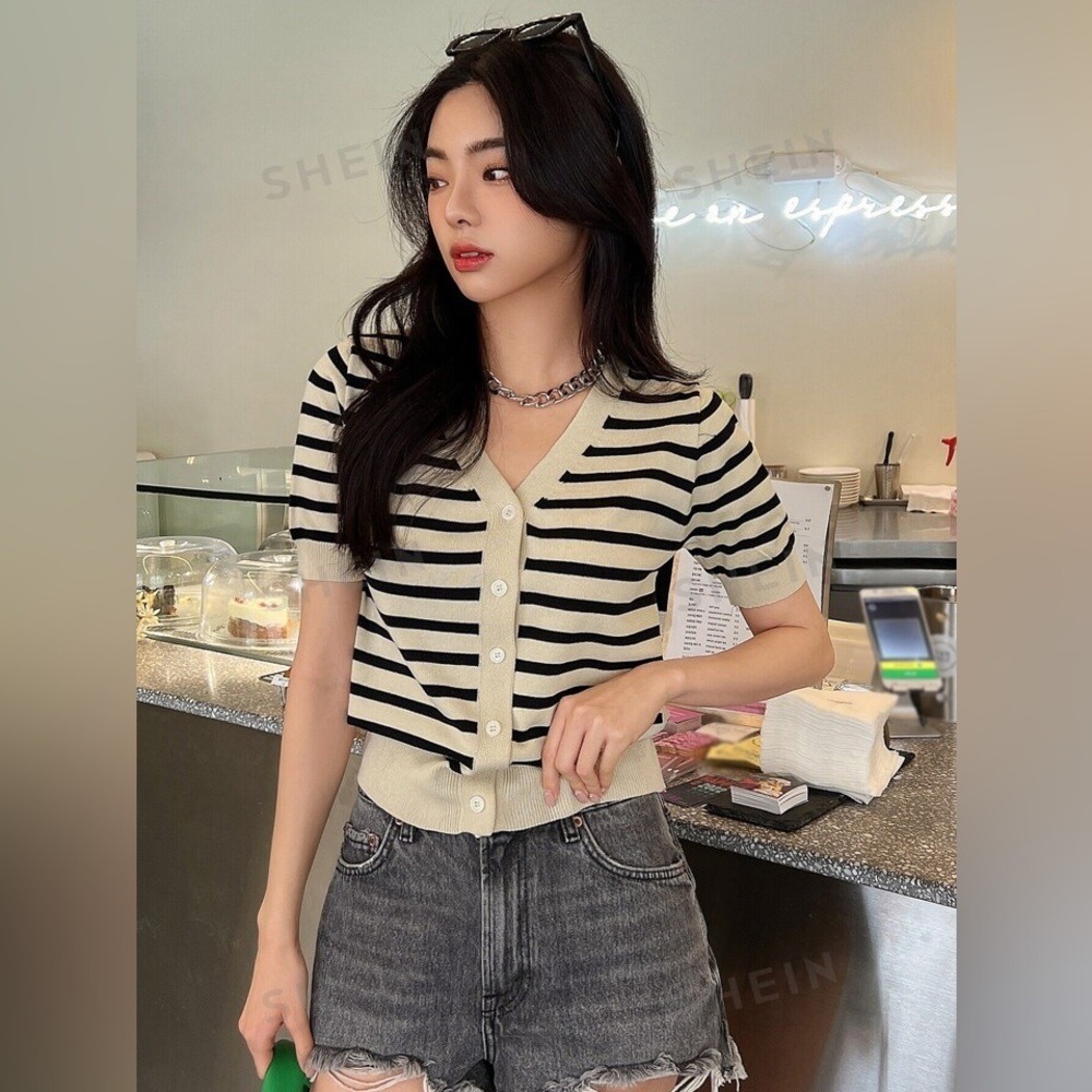 SHEIN Cream Black Striped Short Sleeve V-Neck Button Front Cardigan‎ Knit Top